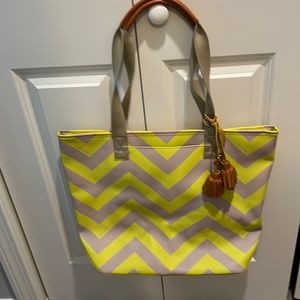 Brahmin large tote w canvas and leather handles, leather bag